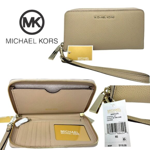 Michael Kors Jet Set Sig Leather Wallet LG Flat MF Phone Case Oat 32T8TFDE4L - Picture 1 of 8